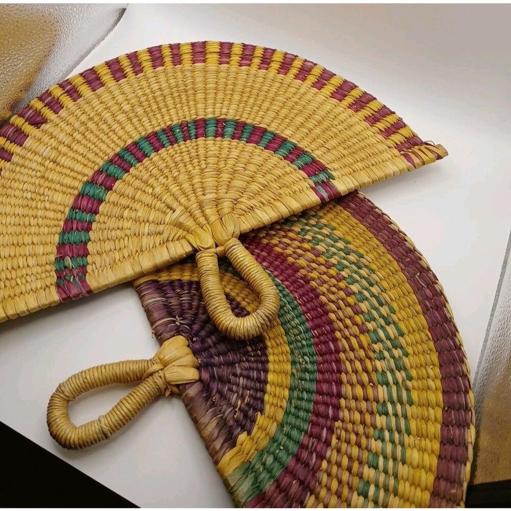 Woven Wicker Hand Fans Handmade Set of 2 Natural Straw Wicker Fan Boho Raffia - Picture 6 of 8